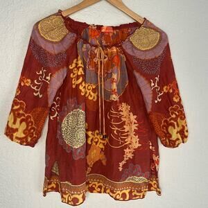 Hale Bob Cabana Orange Boho Peasant Top Silk Vacation Resortwear Fall Small